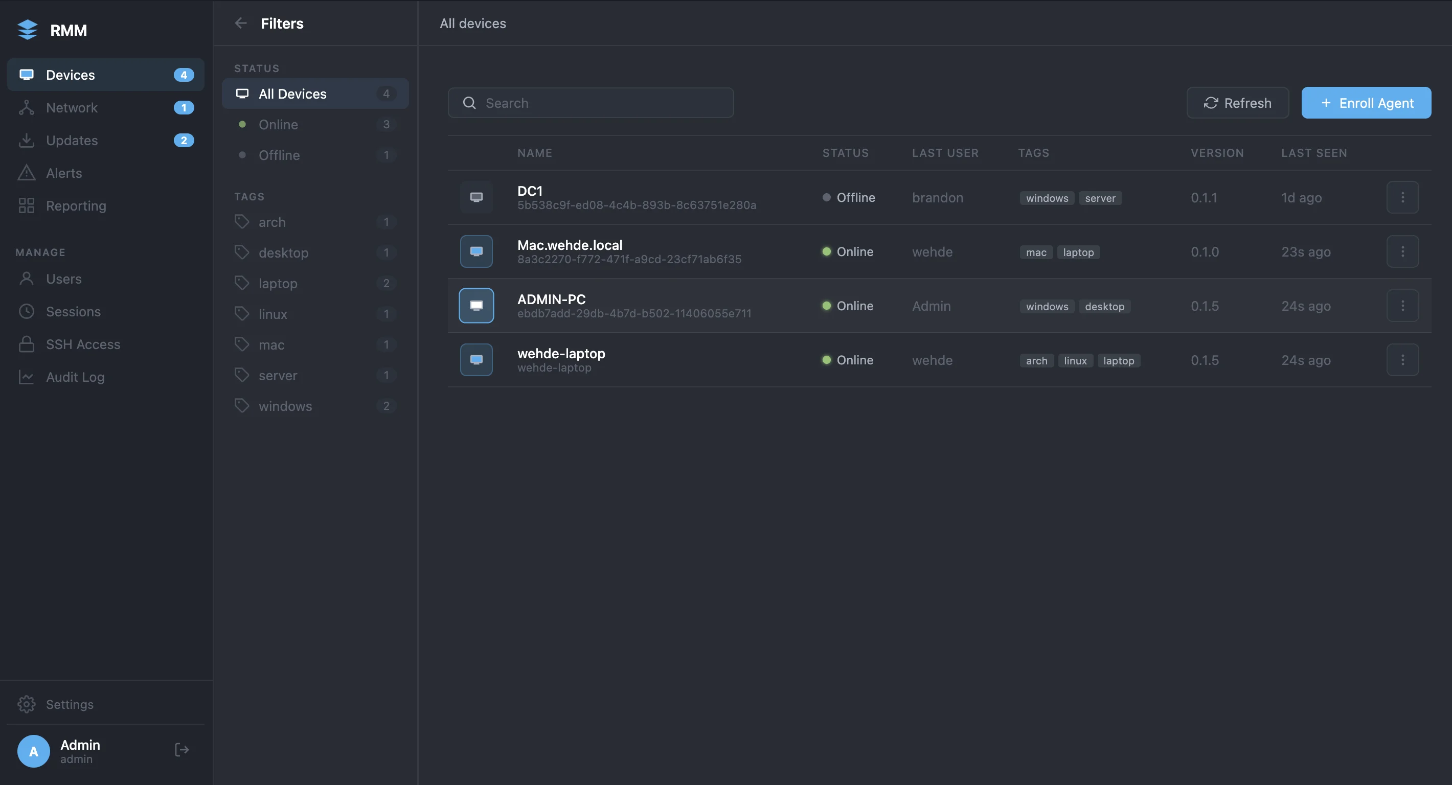 nodewatch RMM dashboard showing fleet monitoring, remote desktop, patch management and real-time endpoint telemetry